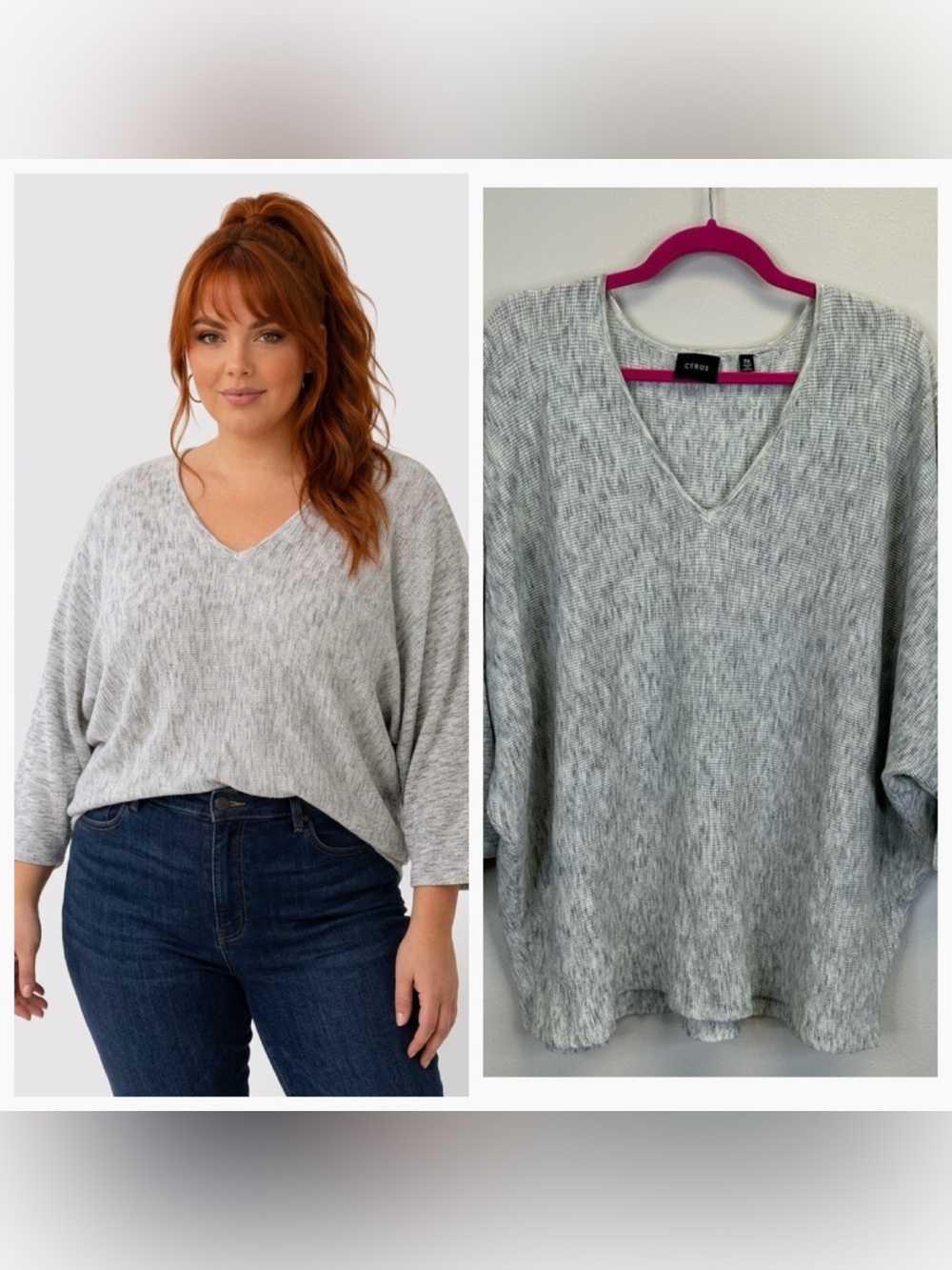 Comfy Neutral Gray Doleman Sleeve Vneck Sweater Size 2X Plus Size Classic Staple
